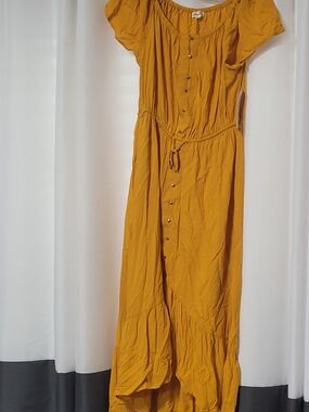 Wom Fen's Mustard Button-Front Maxi Dress with Tie Waist